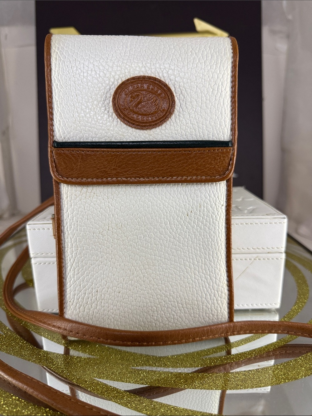 Dooney & Bourke White and Brown Pebbled Leather Crossbody Phone Pouch - Picture 2 of 7